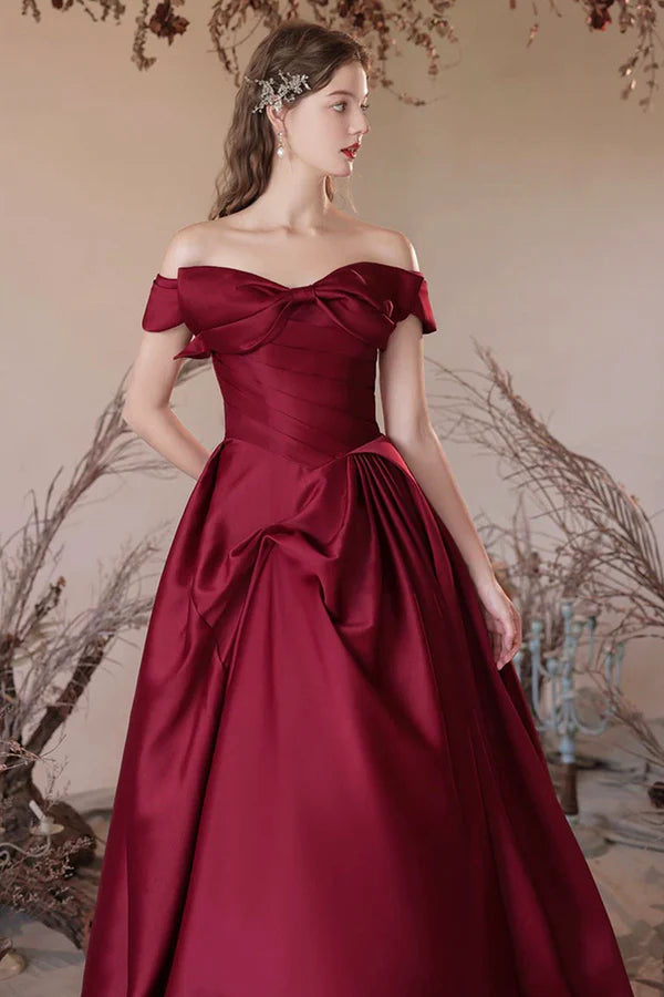 Burgundy Satin Long A-Line Prom Dress Off the Shoulder Evening Party Dress