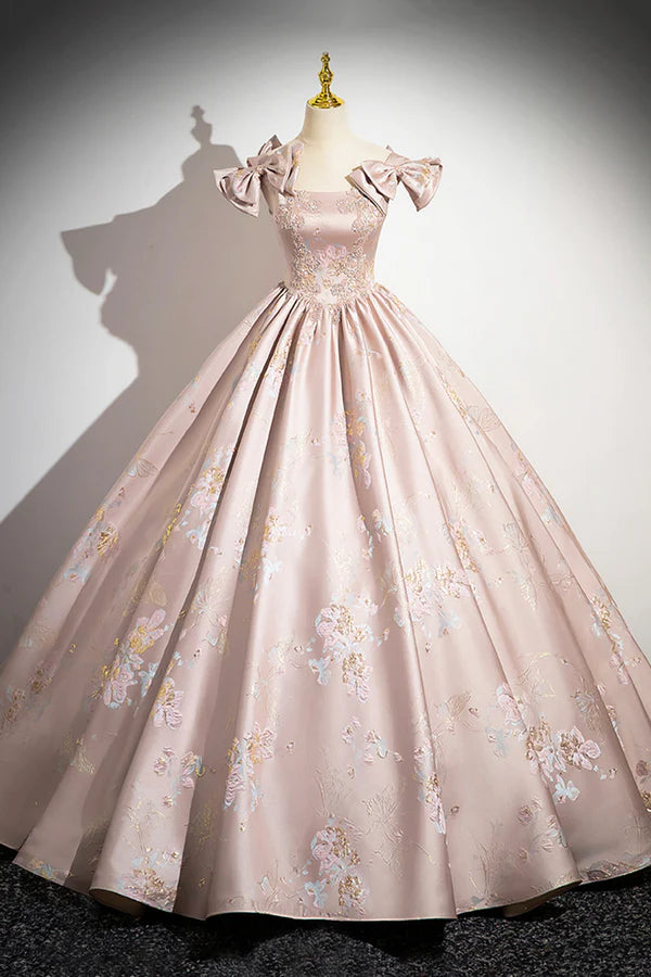 Pink Satin Lace Long Prom Dress A-Line Scoop Neckline Formal Evening Dress