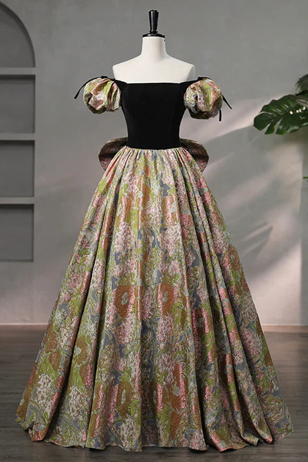 Elegant Black Puffy Short Sleeve Floor Length Prom Dress A-Line Floral Pattern Evening Dress