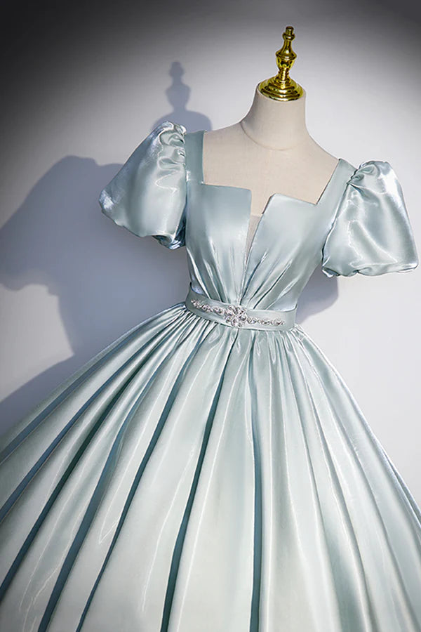 Cute Satin Floor Length Prom Dress A-Line Short Sleeve Evening Party Dress