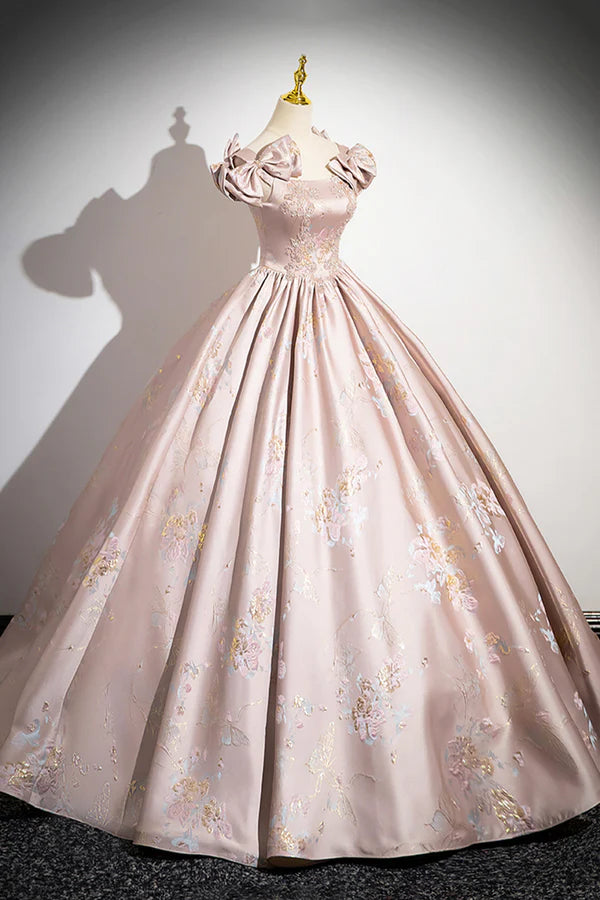 Pink Satin Lace Long Prom Dress A-Line Scoop Neckline Formal Evening Dress