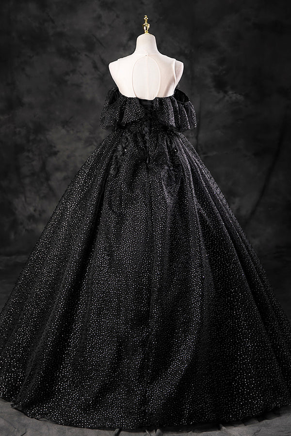 Black Tulle Lace Long Prom Dress Black A-Line Off the Shoulder Evening Party Dress