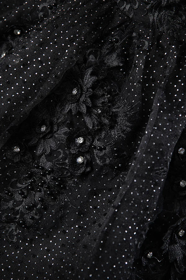 Black Tulle Lace Long Prom Dress Black A-Line Off the Shoulder Evening Party Dress