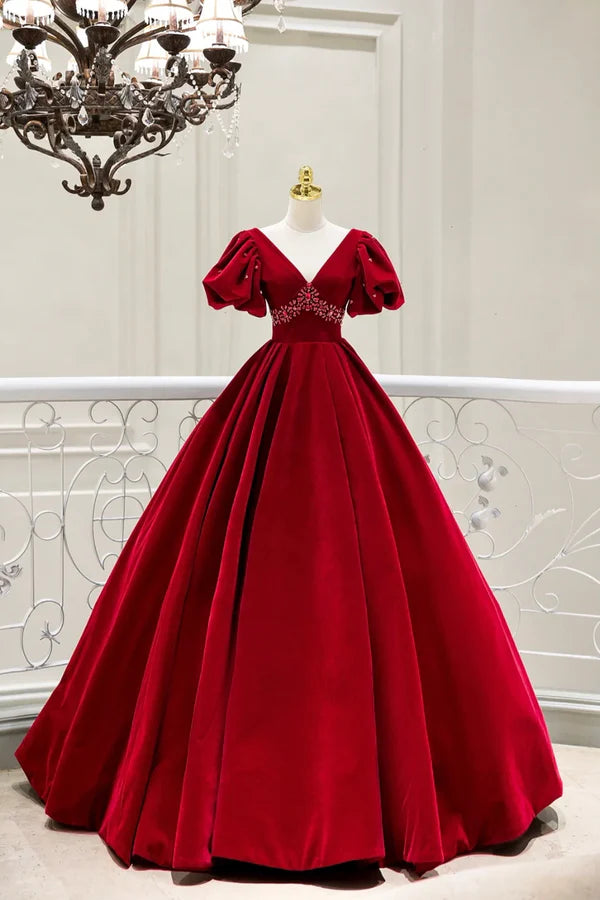 Burgundy V-Neck Velvet Long Formal Dress A-Line Short Sleeve Evening Party Dress with Beaded