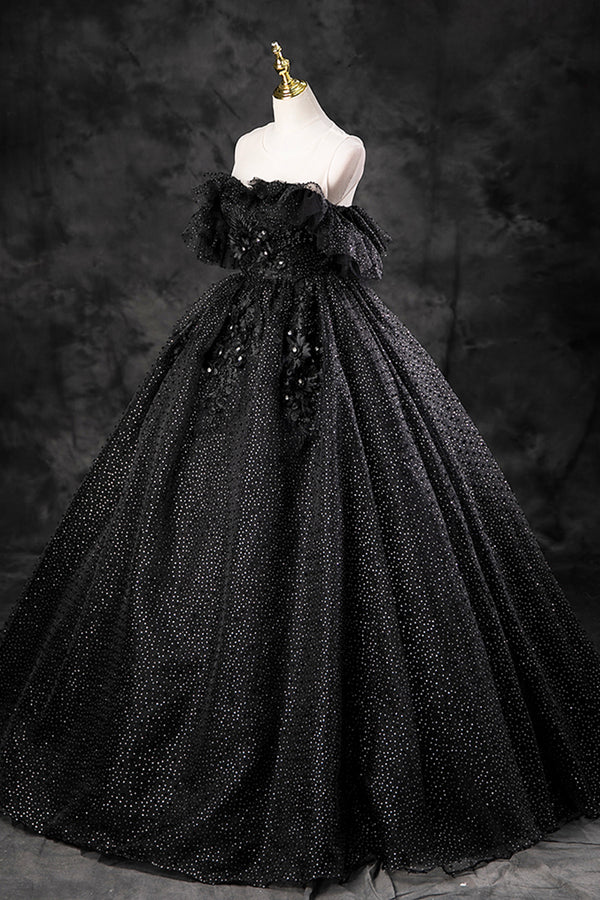 Black Tulle Lace Long Prom Dress Black A-Line Off the Shoulder Evening Party Dress