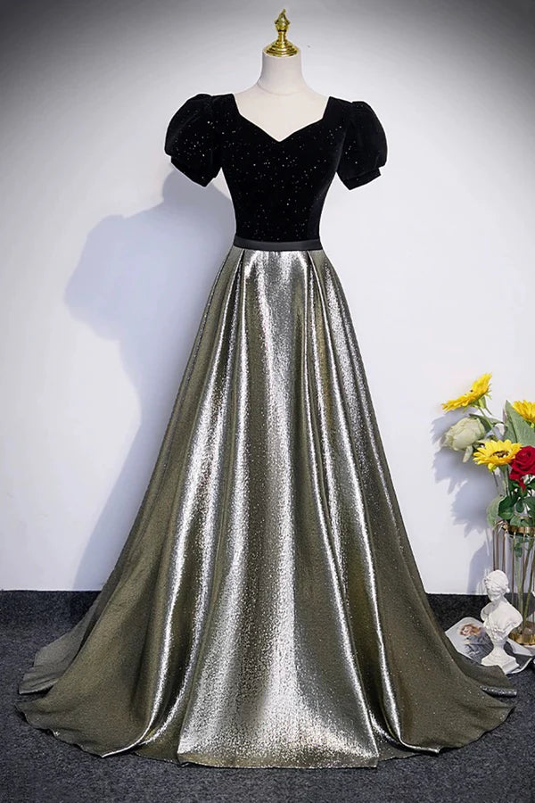 Black Velvet and Shiny Satin Long Prom Dress Beautiful A-Line Evening Party Dress