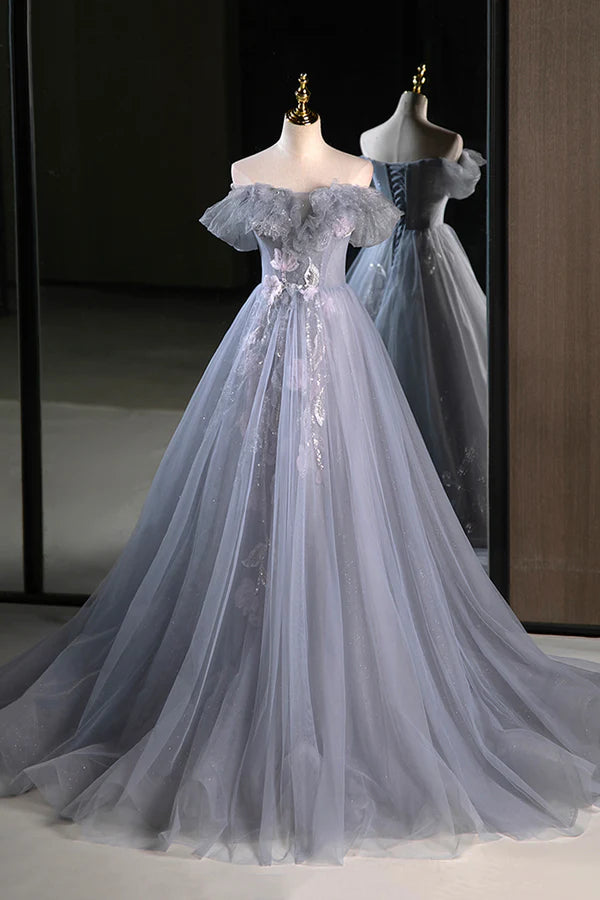 Gray Tulle Floor Length Prom Dress Beautiful A-Line Off the Shoulder Evening Party Dress