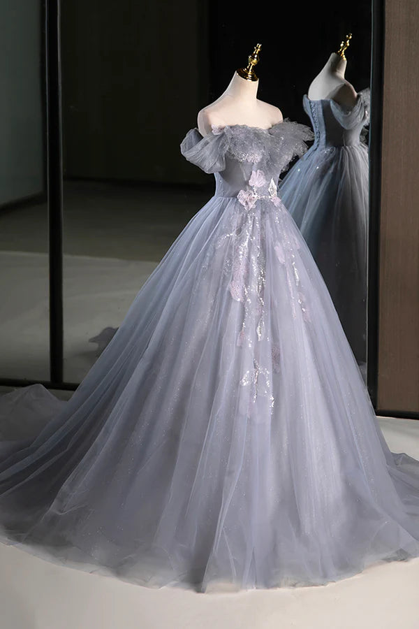 Gray Tulle Floor Length Prom Dress Beautiful A-Line Off the Shoulder Evening Party Dress