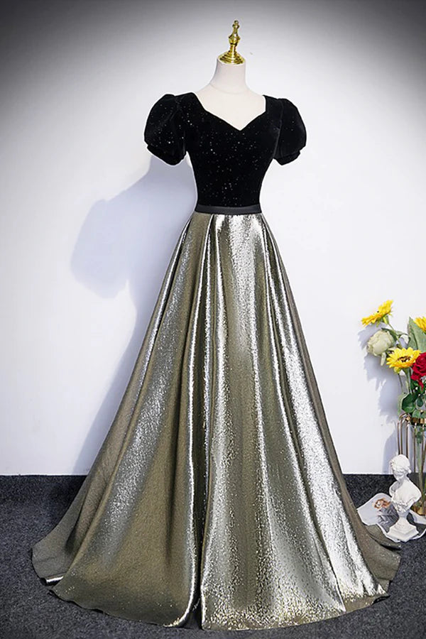 Black Velvet and Shiny Satin Long Prom Dress Beautiful A-Line Evening Party Dress