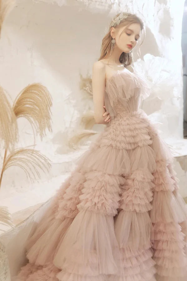 Pale Pink Tulle Layers Long Prom Dresses Beautiful Strapless Evening Dresses