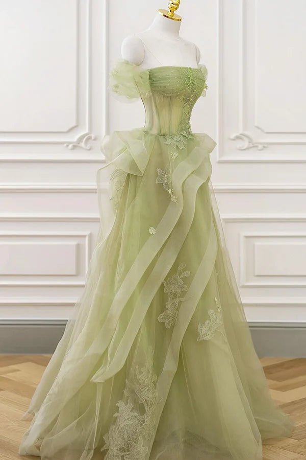 Green Tulle Lace Long Prom Dress with Corset Green Formal Party Dress