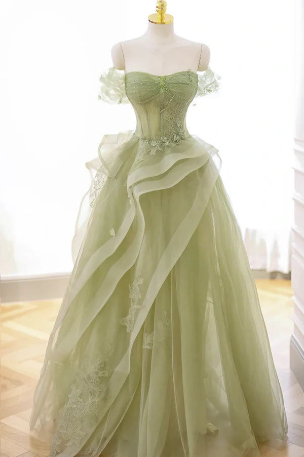 Green Tulle Lace Long Prom Dress with Corset Green Formal Party Dress