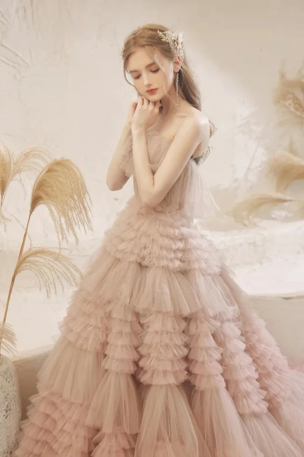 Pale Pink Tulle Layers Long Prom Dresses Beautiful Strapless Evening Dresses
