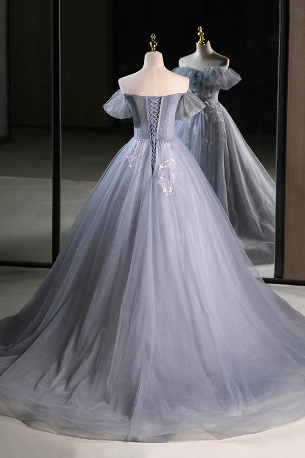 Gray Tulle Floor Length Prom Dress Beautiful A-Line Off the Shoulder Evening Party Dress