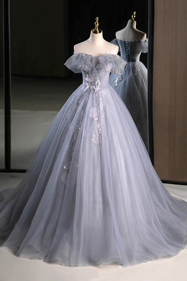 Gray Tulle Floor Length Prom Dress Beautiful A-Line Off the Shoulder Evening Party Dress