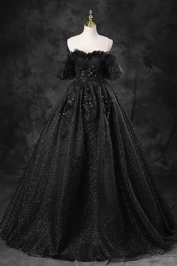 Black Tulle Lace Long Prom Dress Black A-Line Off the Shoulder Evening Party Dress