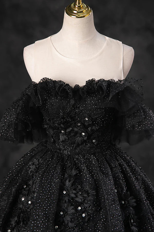 Black Tulle Lace Long Prom Dress Black A-Line Off the Shoulder Evening Party Dress