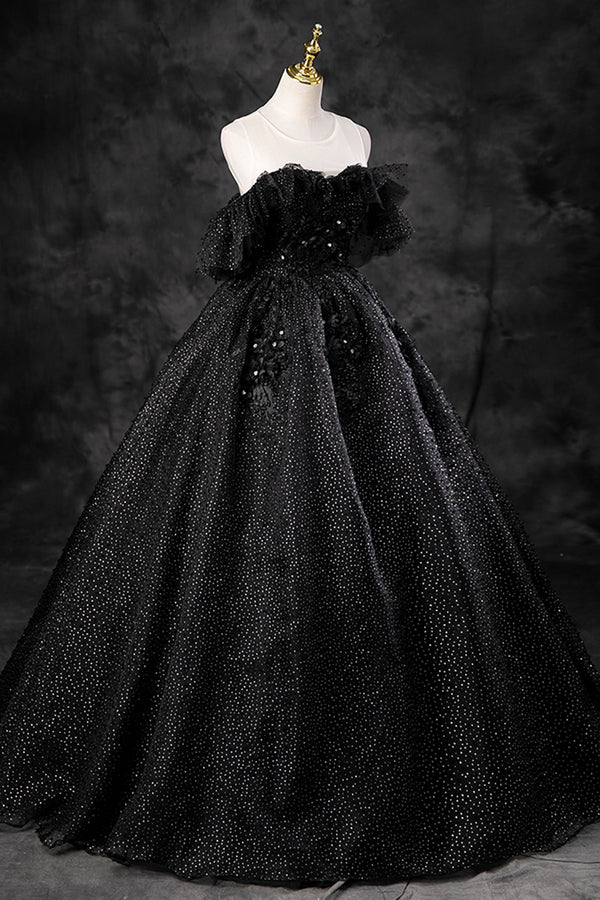 Black Tulle Lace Long Prom Dress Black A-Line Off the Shoulder Evening Party Dress