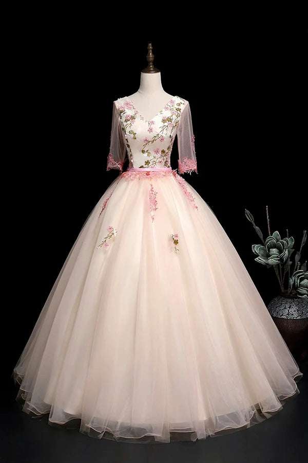 Champagne V-Neck Lace Long Prom Dress A-Line 1/2 Sleeves Evening Party Dress