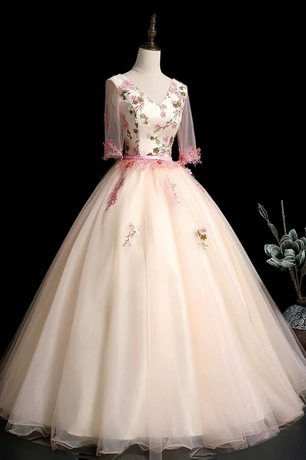 Champagne V-Neck Lace Long Prom Dress A-Line 1/2 Sleeves Evening Party Dress