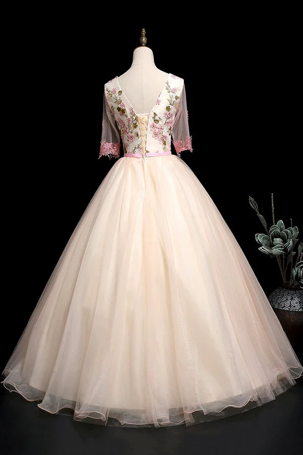 Champagne V-Neck Lace Long Prom Dress A-Line 1/2 Sleeves Evening Party Dress