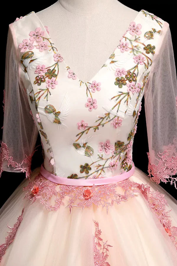 Champagne V-Neck Lace Long Prom Dress A-Line 1/2 Sleeves Evening Party Dress