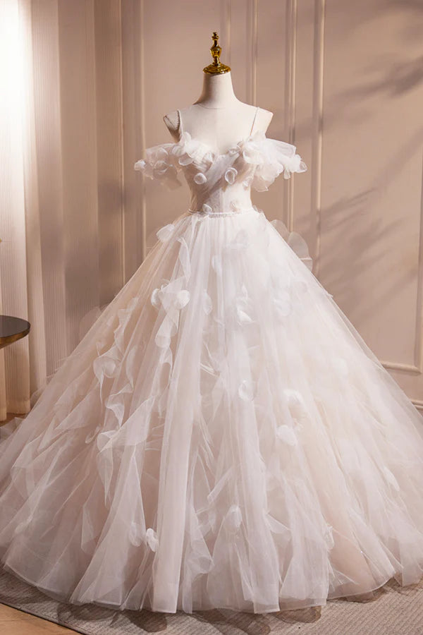 Light Champagne Spaghetti Strap Tulle Long Prom Dress Beautiful A-Line Formal Evening Dress