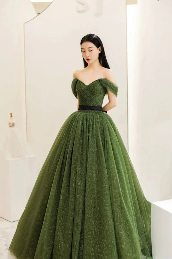 Green Tulle Long Prom Dress Beautiful Off the Shoulder A-Line Evening Party Dress