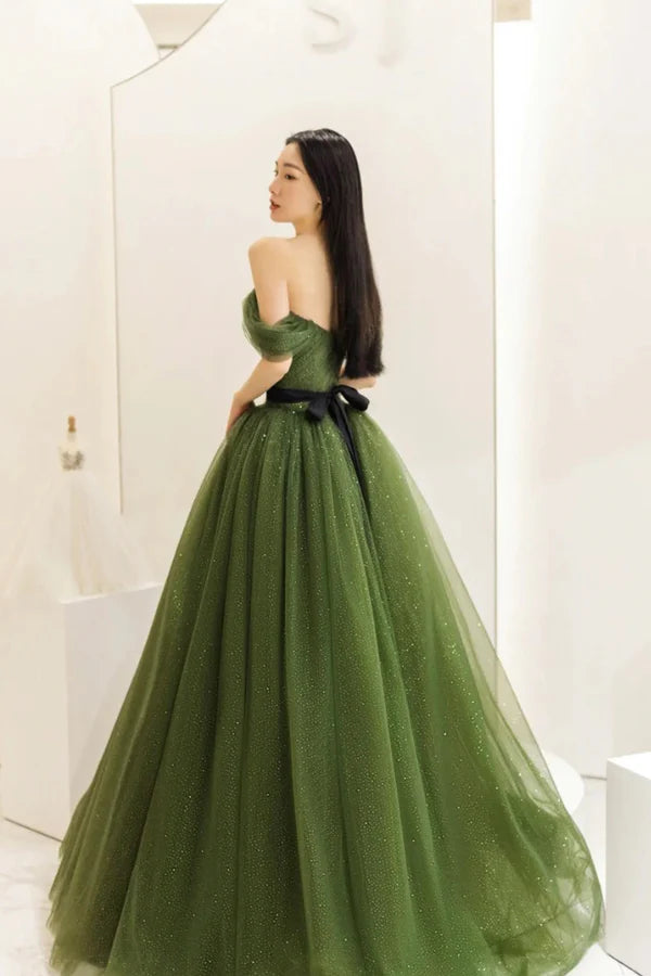 Green Tulle Long Prom Dress Beautiful Off the Shoulder A-Line Evening Party Dress