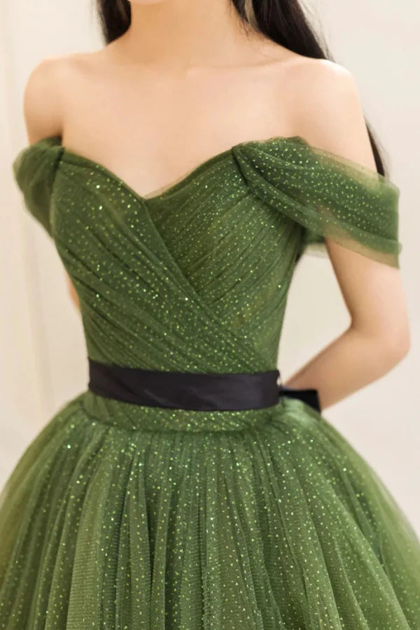 Green Tulle Long Prom Dress Beautiful Off the Shoulder A-Line Evening Party Dress