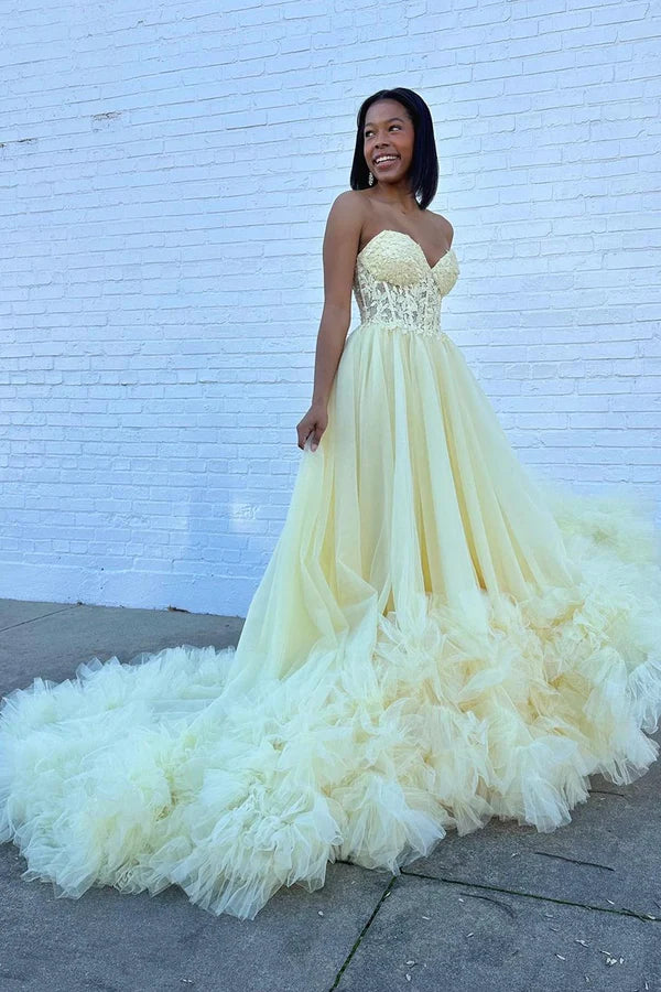 A-Line Yellow Sweetheart Corset Ruffle Prom Dress Beautiful Tulle Formal Evening Dress