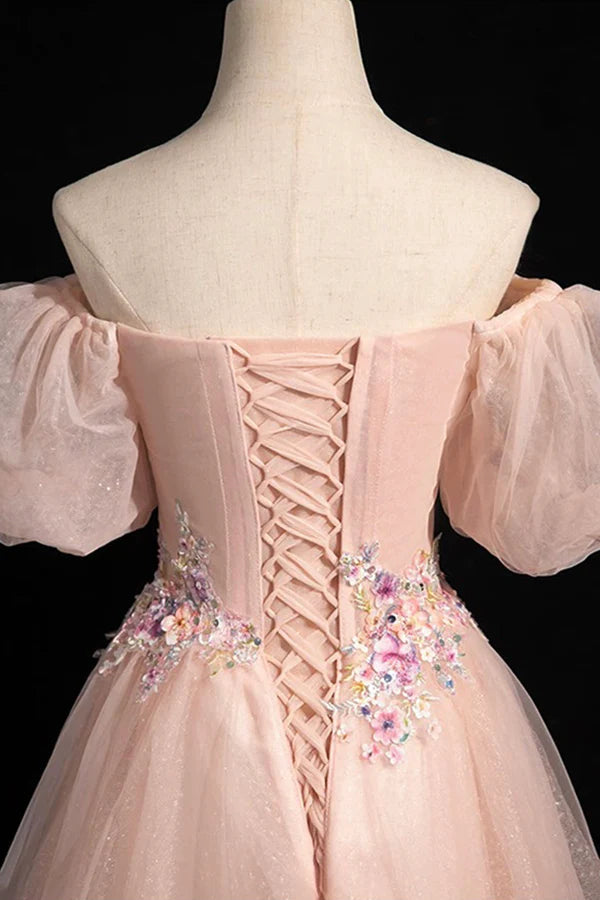 Pink Tulle Lace Floor Length Prom Dress Off the Shoulder Formal Evening Dress