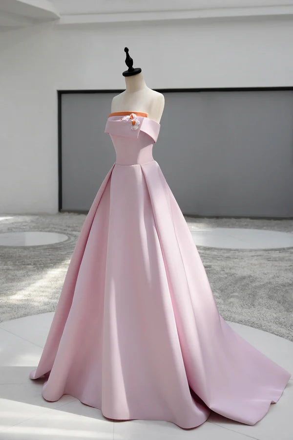 Pink Satin Long A-line Prom Dress Pink Strapless Evening Party Dress