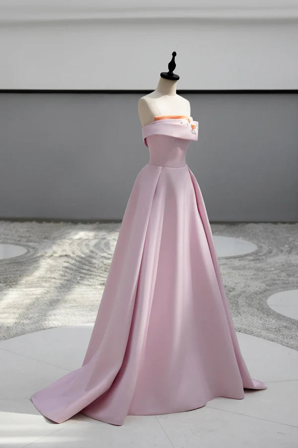 Pink Satin Long A-line Prom Dress Pink Strapless Evening Party Dress