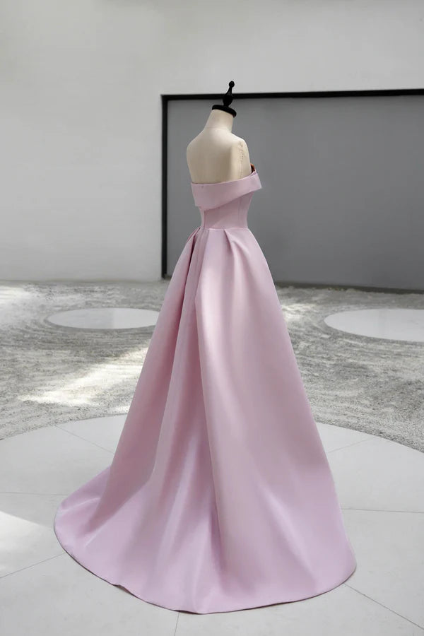 Pink Satin Long A-line Prom Dress Pink Strapless Evening Party Dress
