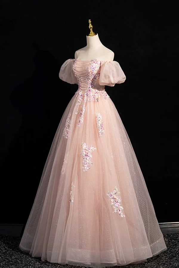 Pink Tulle Lace Floor Length Prom Dress Off the Shoulder Formal Evening Dress
