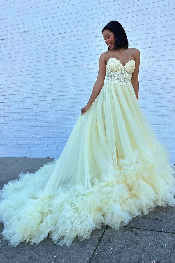 A-Line Yellow Sweetheart Corset Ruffle Prom Dress Beautiful Tulle Formal Evening Dress