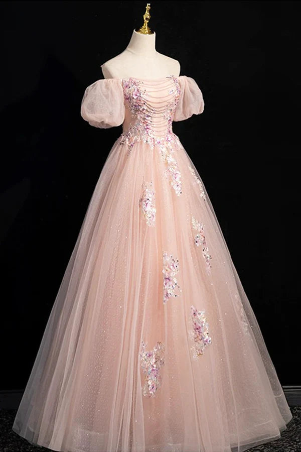 Pink Tulle Lace Floor Length Prom Dress Off the Shoulder Formal Evening Dress