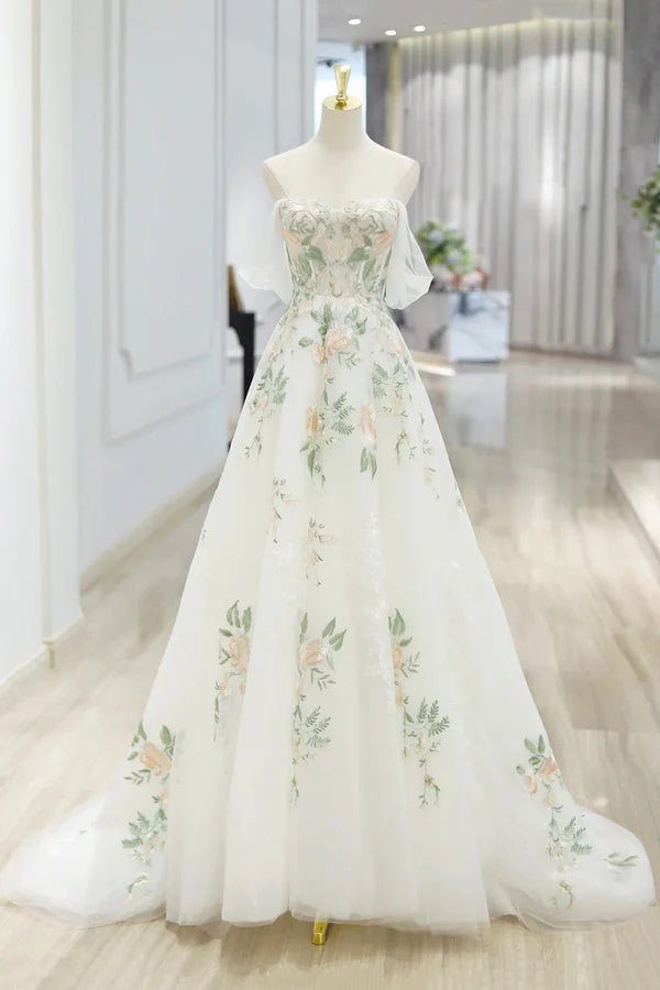 Beautiful Floral Lace Tulle Long Prom Dress White Off the Shoulder Evening Party Dress