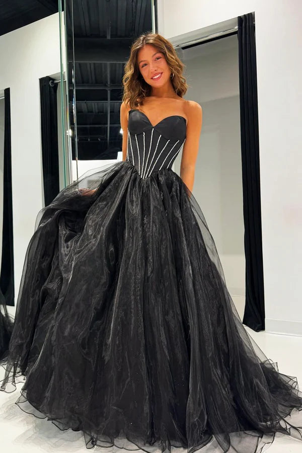 A Line Black Tulle Long Prom Dress Beautiful Strapless Formal Evening Dress