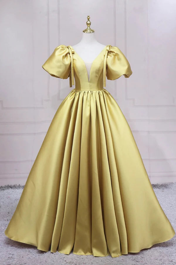 Yellow V-Neck Satin Long Prom Dress A-Line Puff Sleeves Evening Party Dress