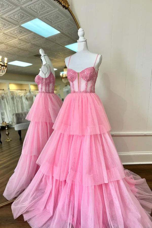 Pink Tulle Lace Long Prom Dress A-Line Spaghetti Strap Evening Party Dress