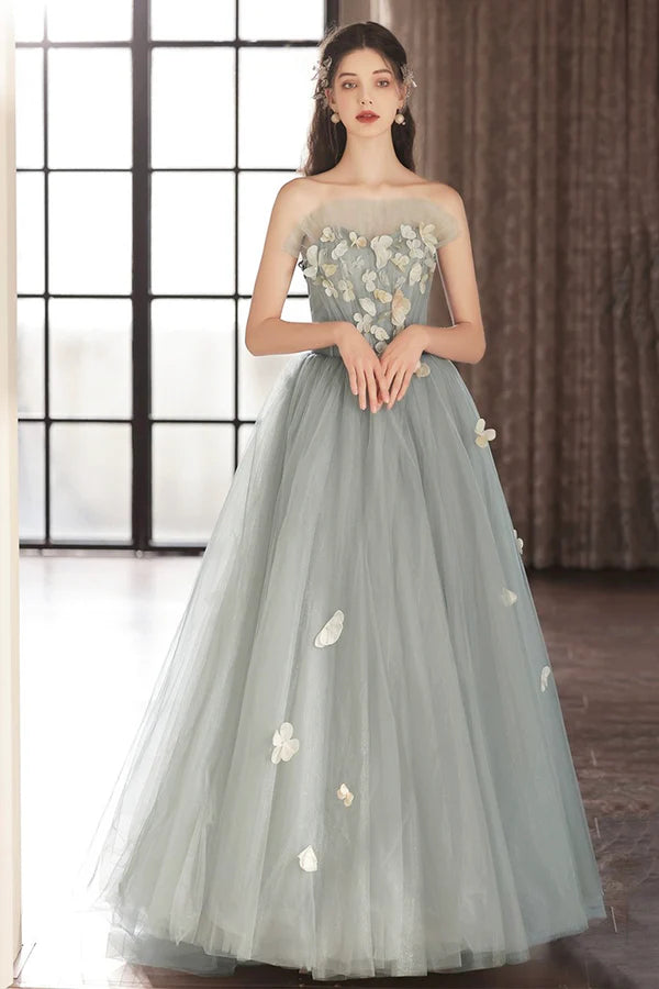 A-Line Gray Tulle Strapless Floor Length Prom Dress Beautiful Backless Evening Party Dres with Flowers
