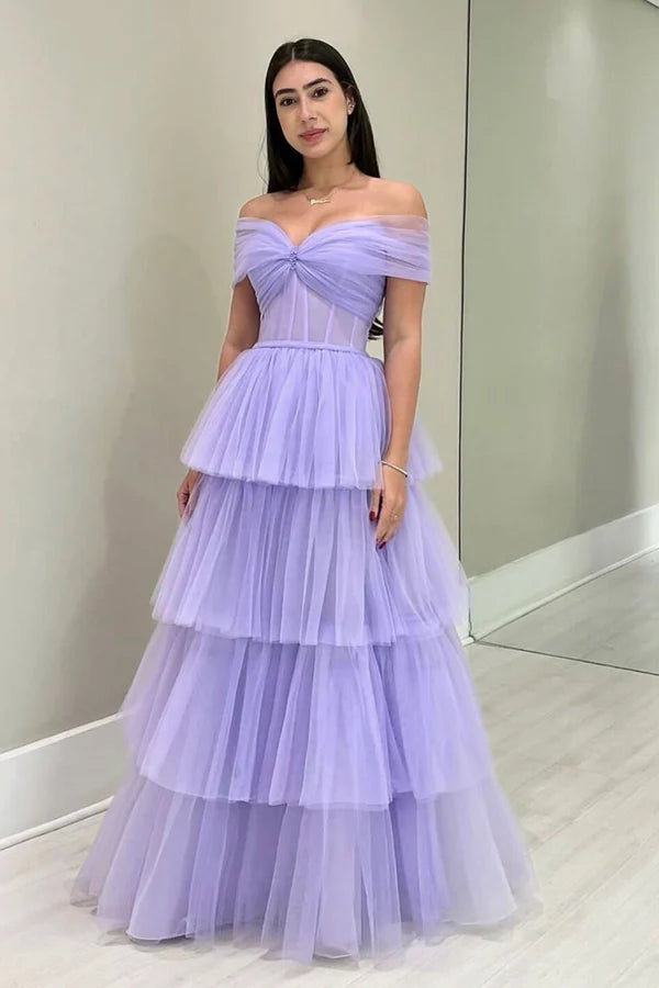 Purple Tulle Layers Long A-Line Prom Dress Off the Shoulder Evening Party Dress