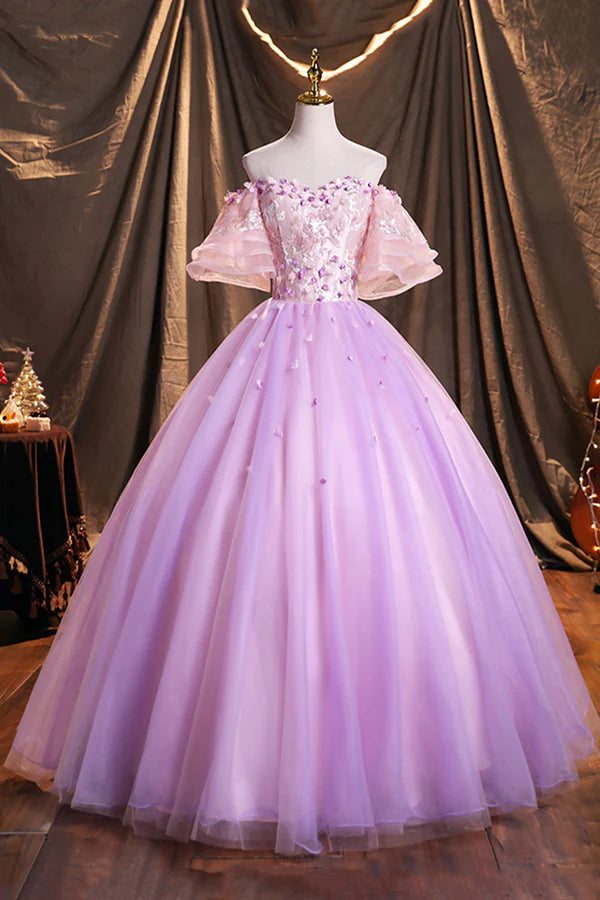 Purple Tulle Sequins Long Prom Dress Beautiful Off the Shoulder Evening Party Dress