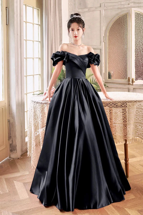 Black Satin Floor Length A-Line Prom Dress Off the Shoulder Evening Party Dress