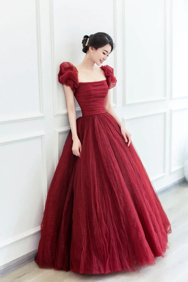 Burgundy Tulle Long A-Line Prom Dress Beautiful Evening Graduation Dress