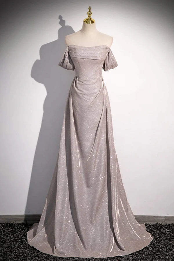 Grey Sequins Ruffle Long Party Dress Off the Shoulder Short Sleeve Sweep Train Evening Dress
