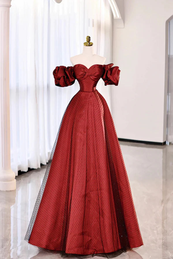 Burgundy Satin Tulle Long Prom Dress Off the Shoulder Evening Party Dress
