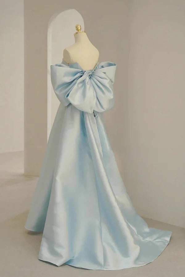 Blue Satin Long Prom Dress with Big Bow Blue A-Line Evening Party Dress